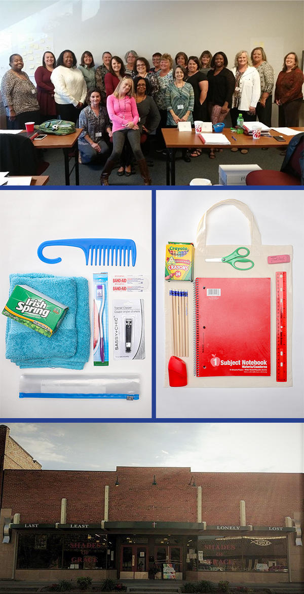 Top: UETHDA Neighborhood Service Center staff. Middle left: a CWS Hygiene Kit. Middle right: a CWS School Kit. Bottom: Shades of Grace United Methodist Church